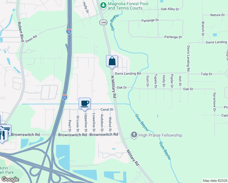 map of restaurants, bars, coffee shops, grocery stores, and more near 61200 North Military Road in Slidell