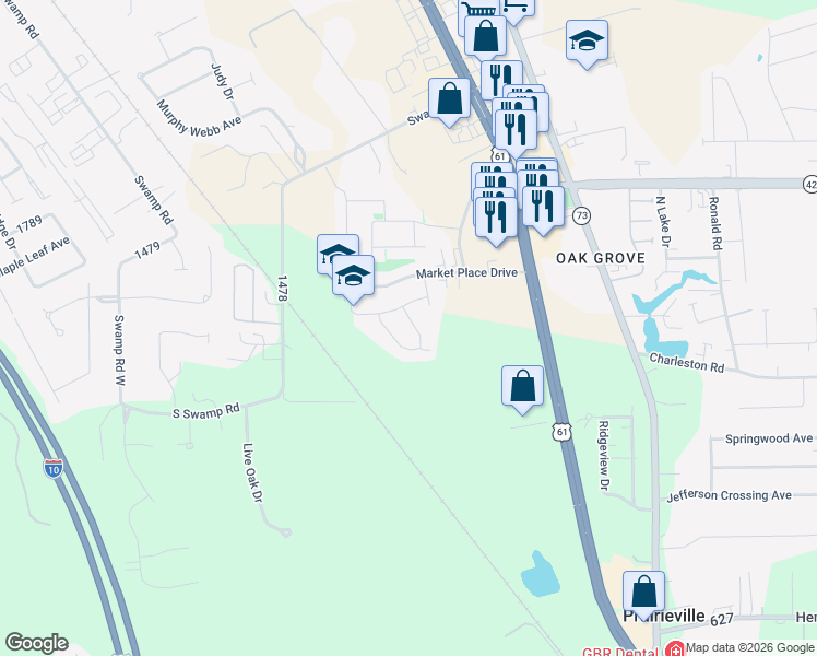 map of restaurants, bars, coffee shops, grocery stores, and more near 16487 Walk Around Avenue in Prairieville