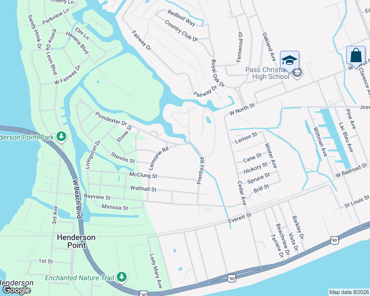 map of restaurants, bars, coffee shops, grocery stores, and more near 301 Prentiss Road in Pass Christian