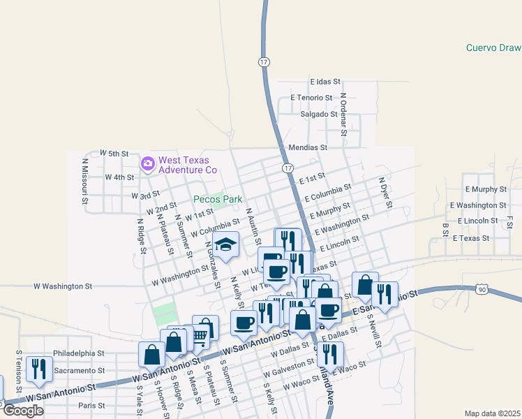 map of restaurants, bars, coffee shops, grocery stores, and more near 507 Highland Street in Marfa