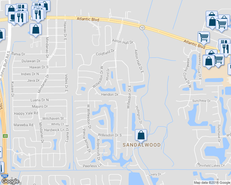 map of restaurants, bars, coffee shops, grocery stores, and more near 11319 Hendon Drive in Jacksonville