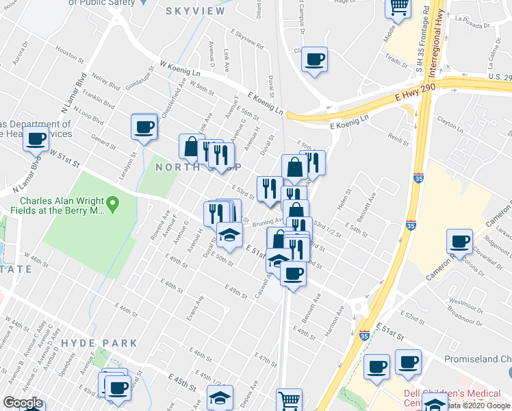 map of restaurants, bars, coffee shops, grocery stores, and more near 5213 Evans Avenue in Austin