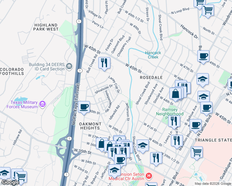 map of restaurants, bars, coffee shops, grocery stores, and more near 4522 Unity Circle in Austin