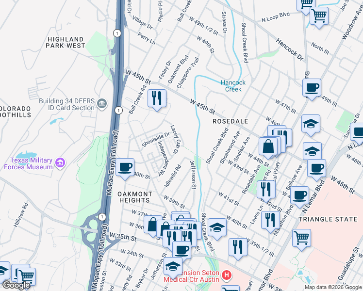 map of restaurants, bars, coffee shops, grocery stores, and more near 4112 Idlewild Road in Austin