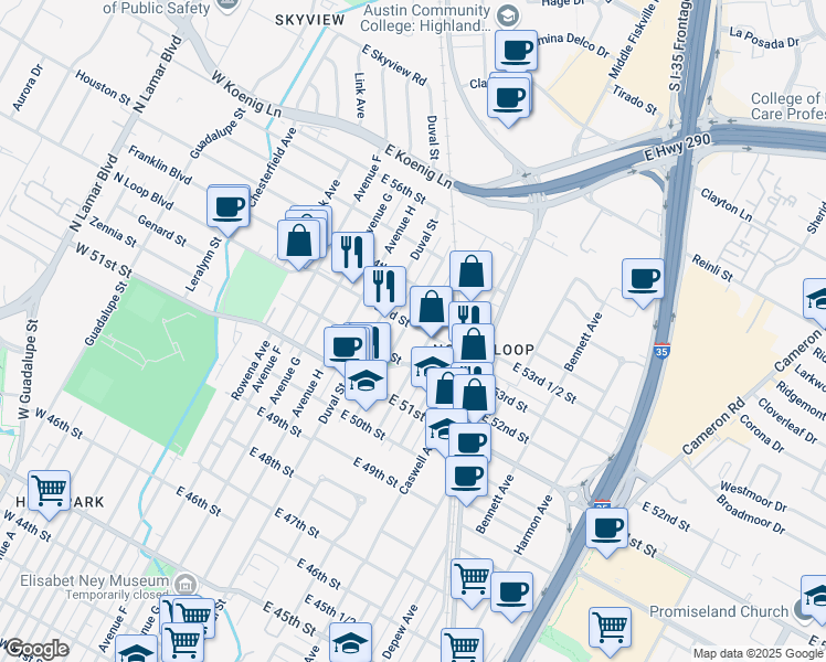 map of restaurants, bars, coffee shops, grocery stores, and more near 5204 Martin Avenue in Austin