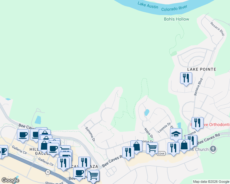 map of restaurants, bars, coffee shops, grocery stores, and more near 2906 Brittany Point Lane in Austin