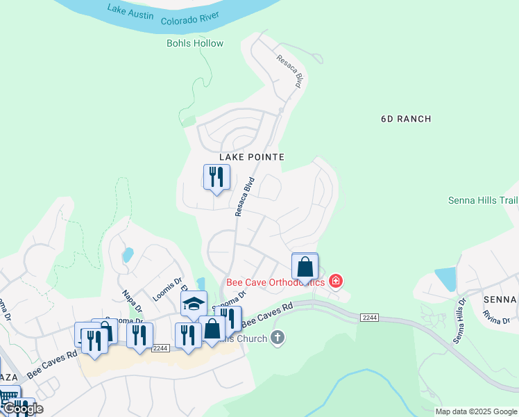 map of restaurants, bars, coffee shops, grocery stores, and more near 11808 Watercrest Court in Austin