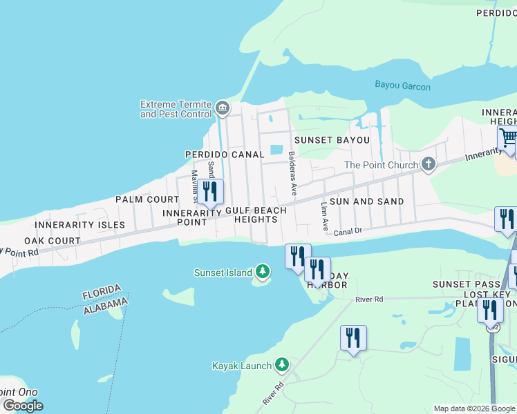 map of restaurants, bars, coffee shops, grocery stores, and more near 5800 Cruzat Way in Pensacola