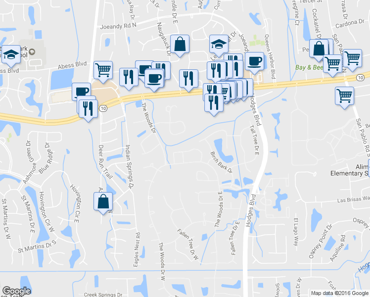 map of restaurants, bars, coffee shops, grocery stores, and more near 13009 Bent Pine Court East in Jacksonville
