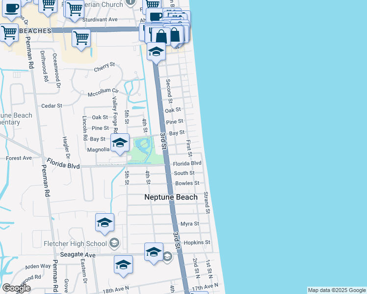 map of restaurants, bars, coffee shops, grocery stores, and more near 229 North Street in Neptune Beach