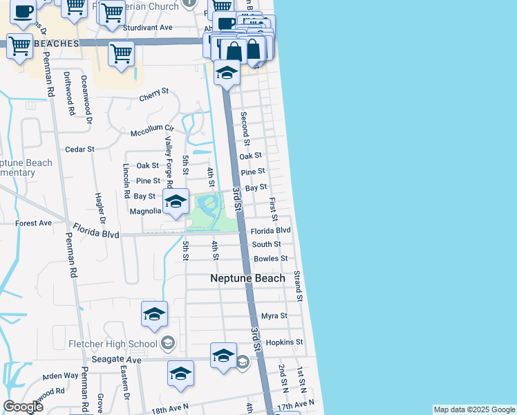 map of restaurants, bars, coffee shops, grocery stores, and more near 229 North Street in Neptune Beach