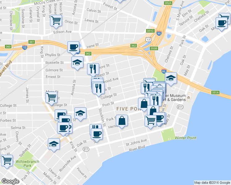 map of restaurants, bars, coffee shops, grocery stores, and more near 2254 College Street in Jacksonville