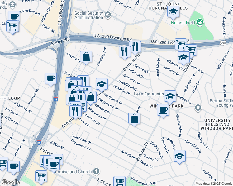 map of restaurants, bars, coffee shops, grocery stores, and more near 1308 Northridge Drive in Austin