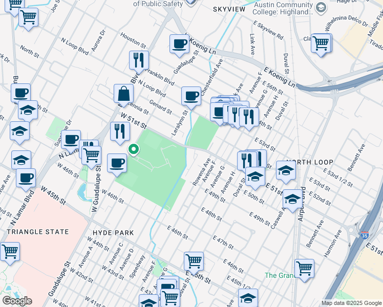 map of restaurants, bars, coffee shops, grocery stores, and more near 102-104 East 50th Street in Austin