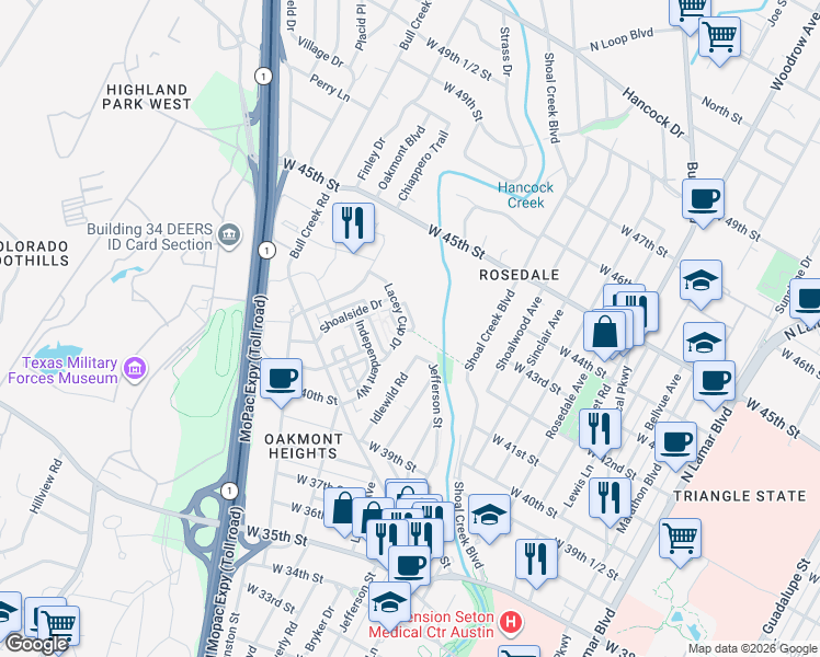 map of restaurants, bars, coffee shops, grocery stores, and more near 4112 Idlewild Road in Austin