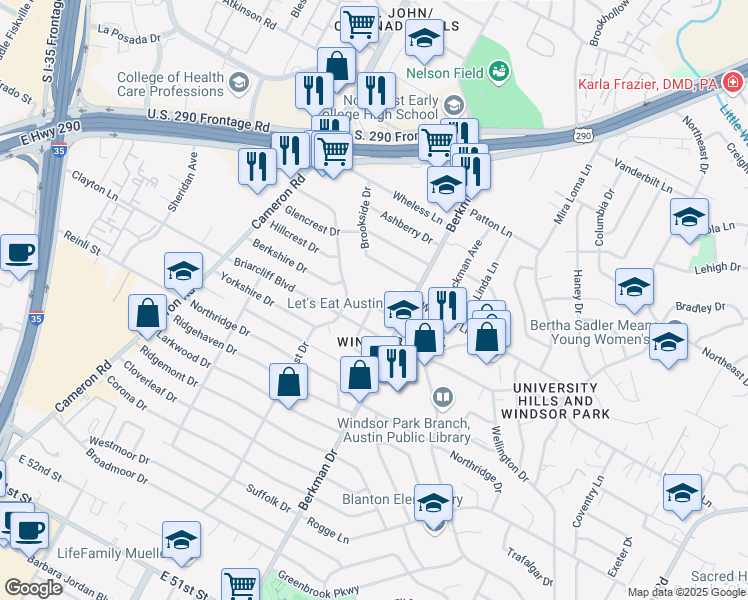 map of restaurants, bars, coffee shops, grocery stores, and more near 6010 Dunbury Drive in Austin