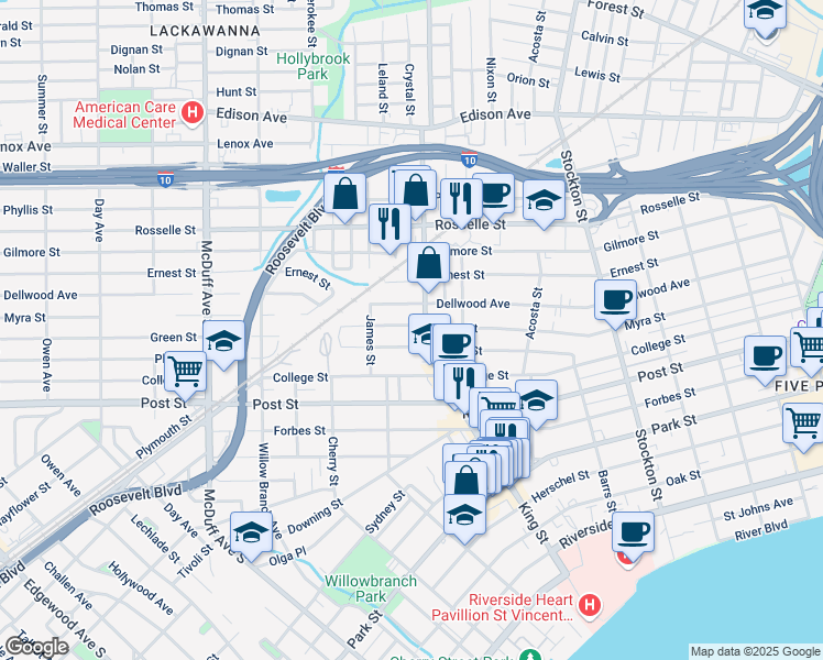 map of restaurants, bars, coffee shops, grocery stores, and more near 2740 Myra Street in Jacksonville