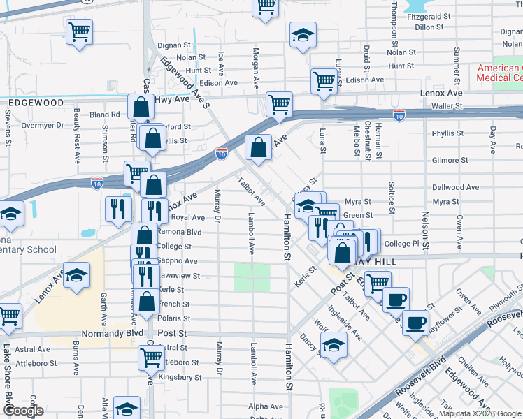 map of restaurants, bars, coffee shops, grocery stores, and more near 4606 Royal Avenue in Jacksonville