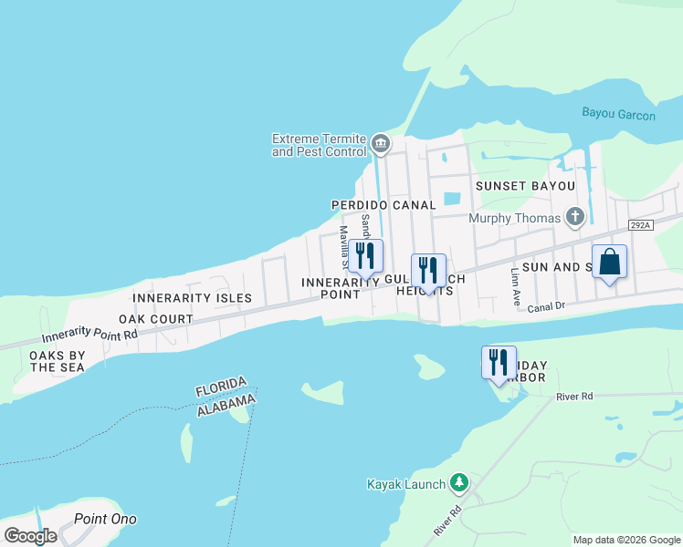 map of restaurants, bars, coffee shops, grocery stores, and more near 5741 Mavilla Street in Pensacola