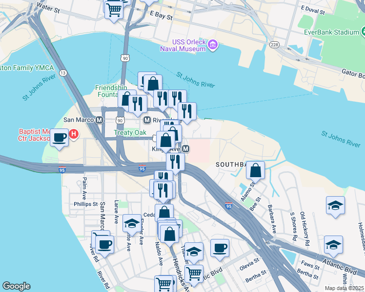 map of restaurants, bars, coffee shops, grocery stores, and more near 1054 Kings Avenue in Jacksonville