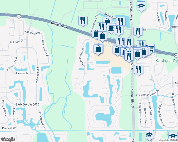 map of restaurants, bars, coffee shops, grocery stores, and more near 12159 Sunchase Drive in Jacksonville