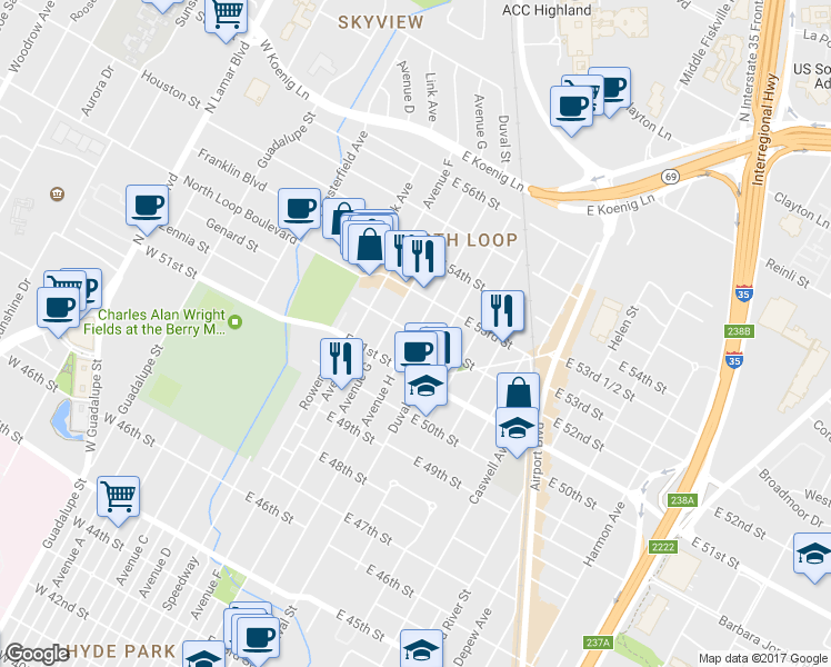 map of restaurants, bars, coffee shops, grocery stores, and more near Avenue H & East 52nd Street in Austin
