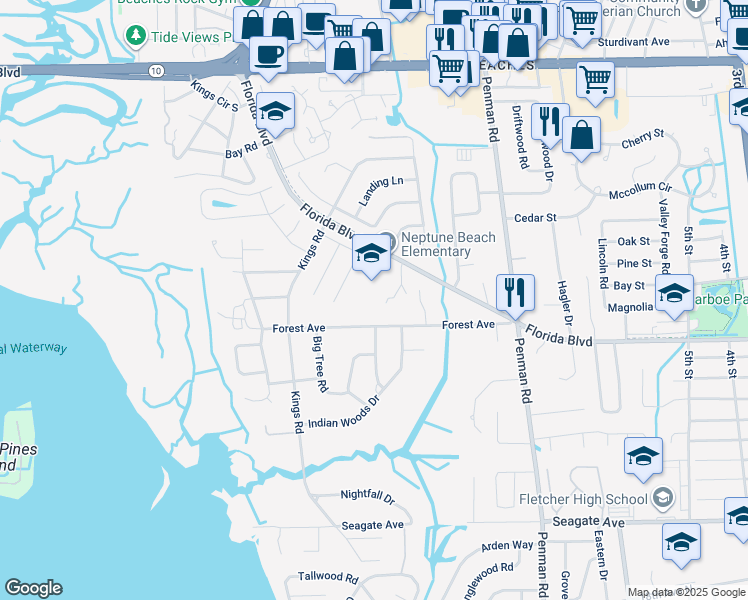 map of restaurants, bars, coffee shops, grocery stores, and more near 1515 Florida Boulevard in Neptune Beach