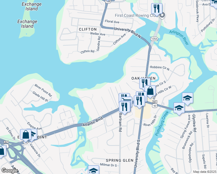 map of restaurants, bars, coffee shops, grocery stores, and more near 1133 River Bank Court in Jacksonville