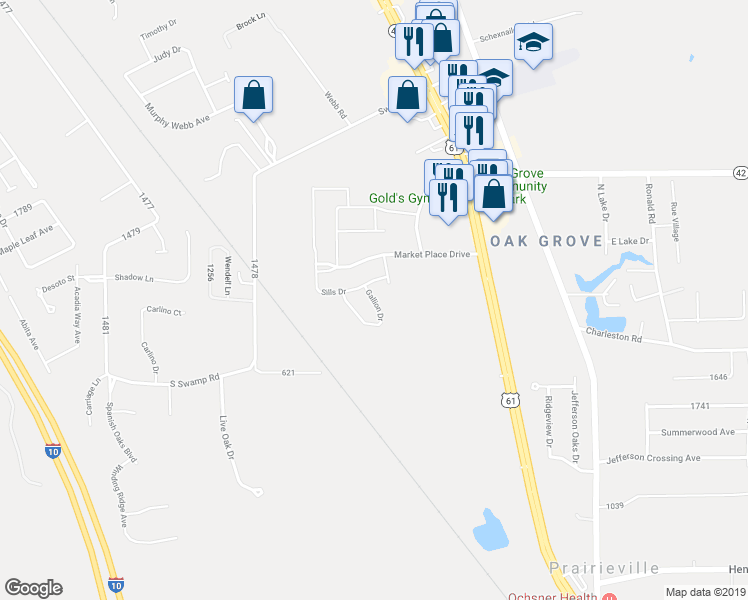 map of restaurants, bars, coffee shops, grocery stores, and more near Gallion Drive in Prairieville