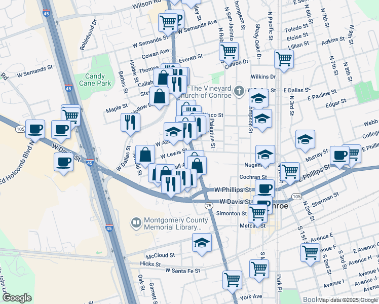 map of restaurants, bars, coffee shops, grocery stores, and more near 820 A North Frazier Street in Conroe