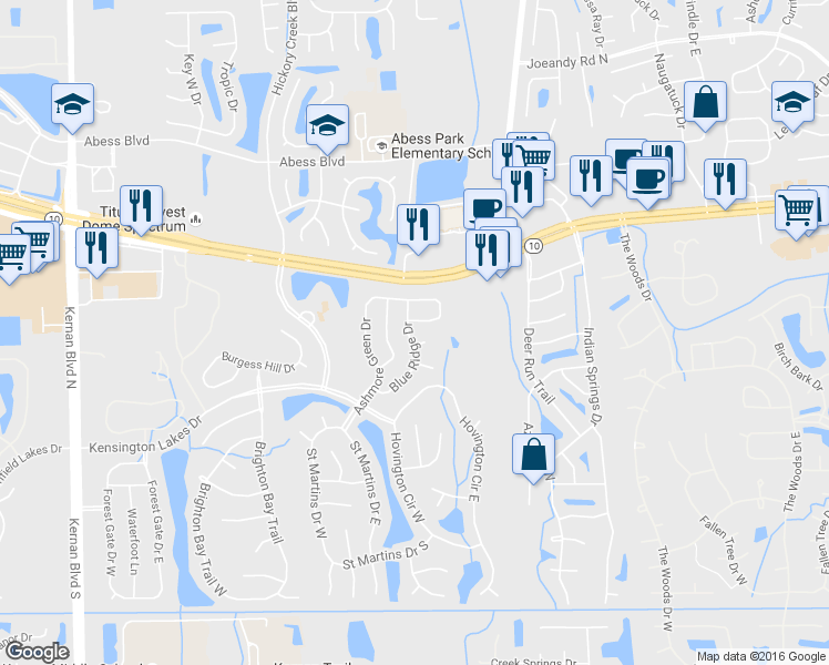 map of restaurants, bars, coffee shops, grocery stores, and more near 12639 Ashmore Green Drive South in Jacksonville