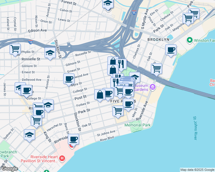 map of restaurants, bars, coffee shops, grocery stores, and more near 873 Goodwin Street in Jacksonville