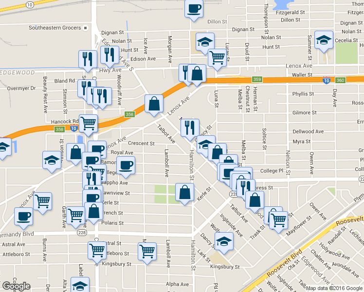 map of restaurants, bars, coffee shops, grocery stores, and more near 596 Edgewood Avenue South in Jacksonville