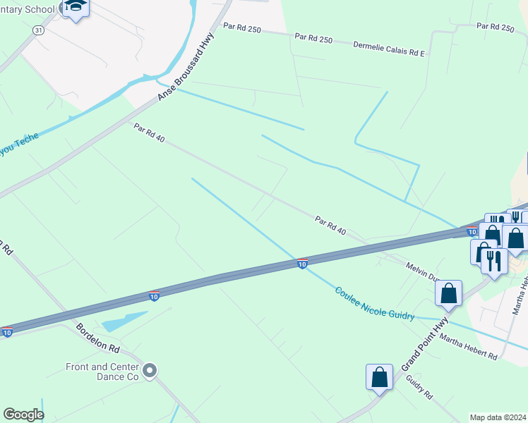map of restaurants, bars, coffee shops, grocery stores, and more near 1114 Melvin Dupuis Road in Breaux Bridge