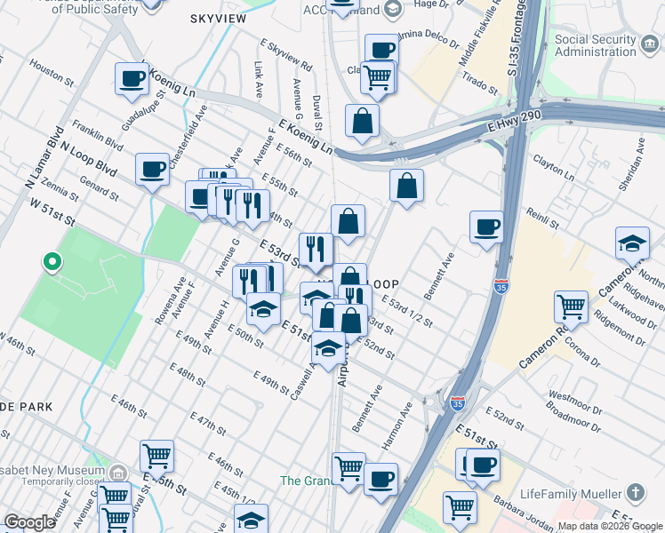 map of restaurants, bars, coffee shops, grocery stores, and more near 5315 Martin Avenue in Austin