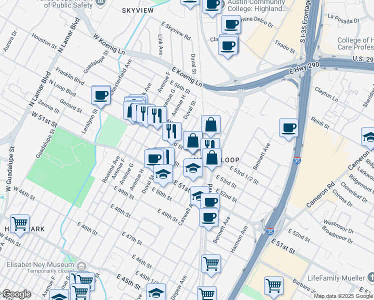 map of restaurants, bars, coffee shops, grocery stores, and more near 5306 Evans Avenue in Austin