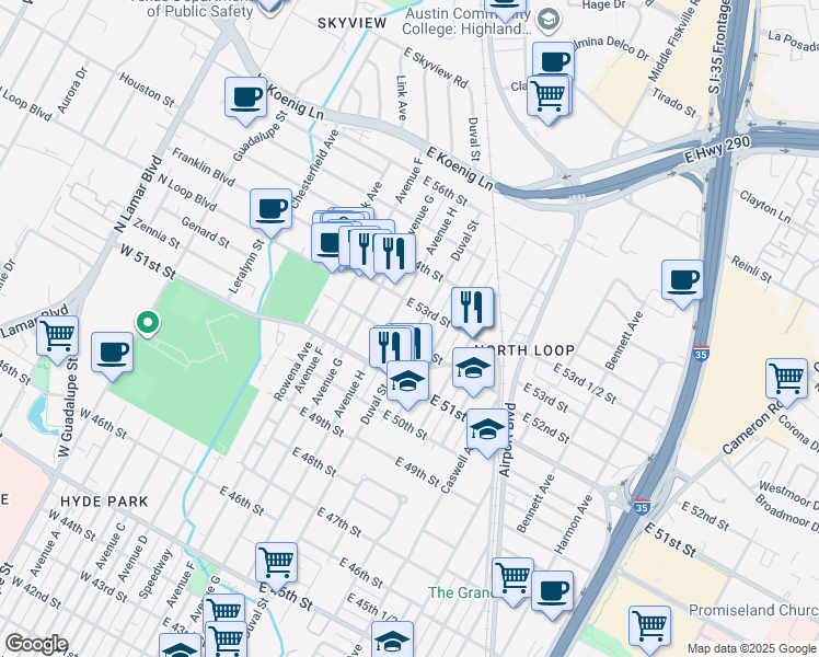 map of restaurants, bars, coffee shops, grocery stores, and more near 5214 Duval Street in Austin
