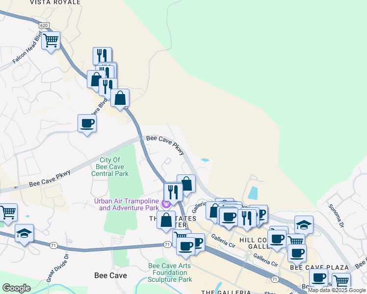 map of restaurants, bars, coffee shops, grocery stores, and more near 13200 Bee Cave Parkway in Bee Cave