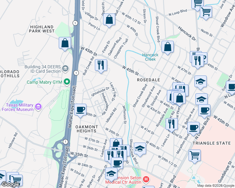 map of restaurants, bars, coffee shops, grocery stores, and more near 4701 Unity Circle in Austin