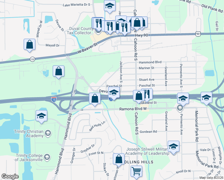 map of restaurants, bars, coffee shops, grocery stores, and more near 8249 Devoe Street in Jacksonville