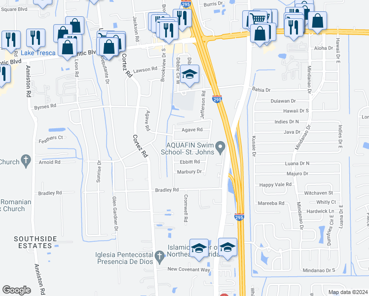 map of restaurants, bars, coffee shops, grocery stores, and more near 10425 Greenhaven Drive in Jacksonville