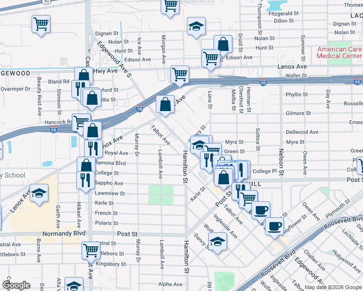 map of restaurants, bars, coffee shops, grocery stores, and more near 596 Edgewood Avenue South in Jacksonville
