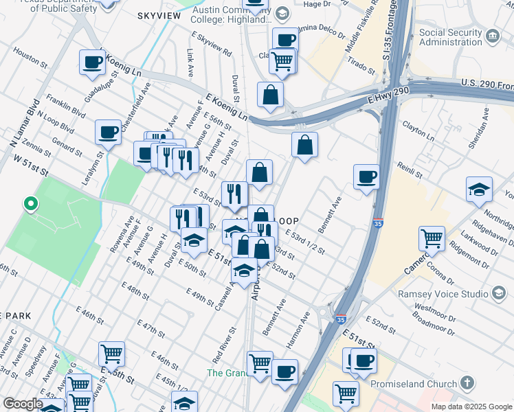 map of restaurants, bars, coffee shops, grocery stores, and more near 5315 Martin Avenue in Austin