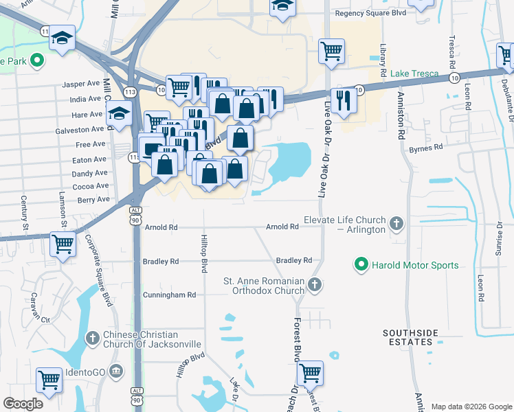 map of restaurants, bars, coffee shops, grocery stores, and more near 9906 Jeanette Road in Jacksonville