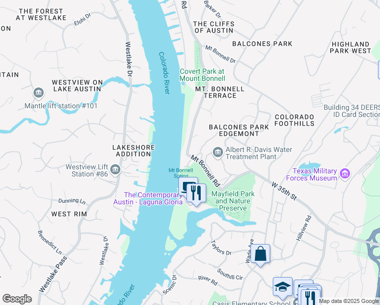 map of restaurants, bars, coffee shops, grocery stores, and more near 3403 Mount Bonnell Road in Austin
