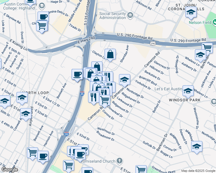 map of restaurants, bars, coffee shops, grocery stores, and more near 1101 Reinli Street in Austin