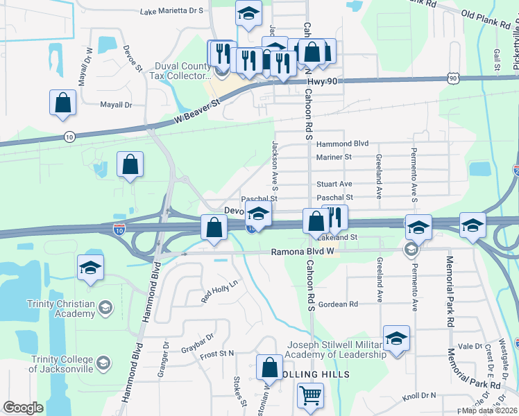 map of restaurants, bars, coffee shops, grocery stores, and more near 8235 Devoe Street in Jacksonville
