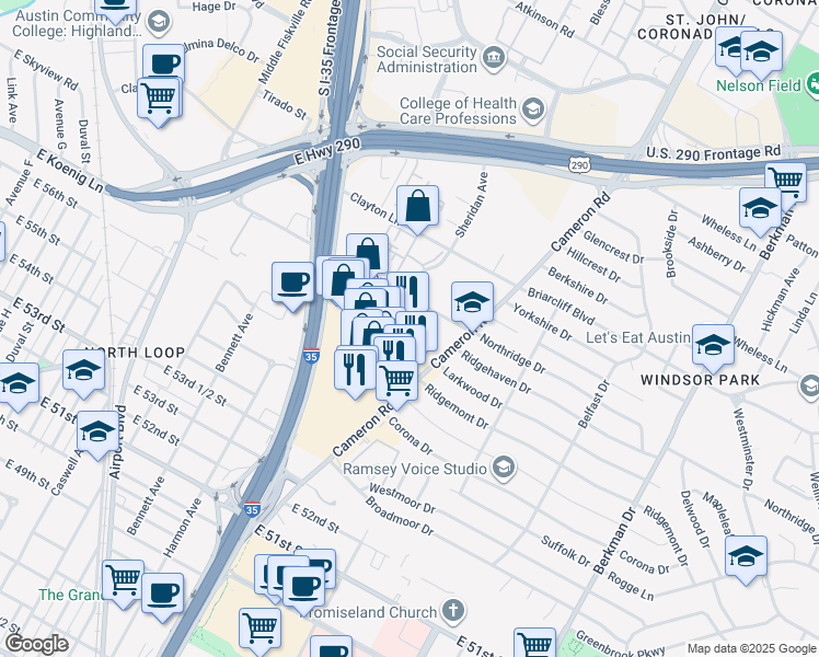 map of restaurants, bars, coffee shops, grocery stores, and more near 1101 Reinli Street in Austin