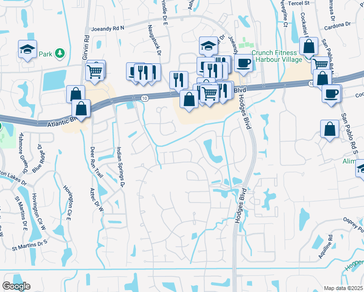 map of restaurants, bars, coffee shops, grocery stores, and more near 13029 Birch Bark Court North in Jacksonville