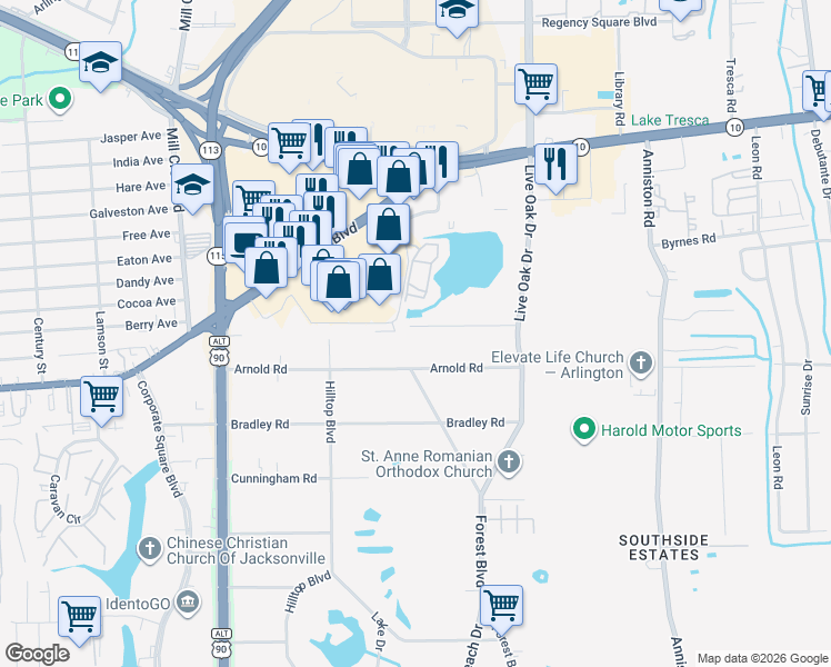 map of restaurants, bars, coffee shops, grocery stores, and more near 9906 Jeanette Road in Jacksonville